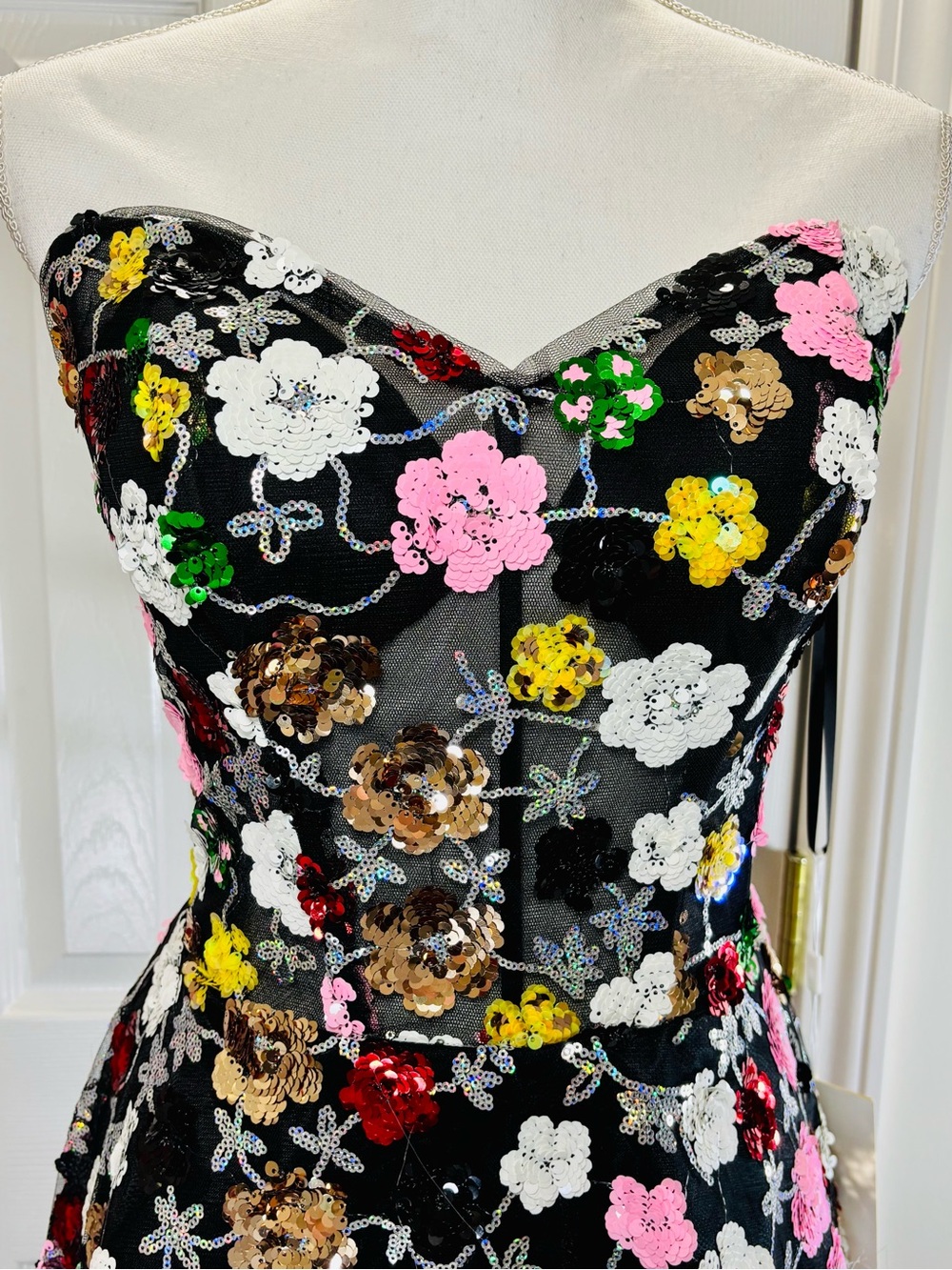COUTURE LEE Strapless Garden In Bloom Floral Sequin Midi Black/Multi Sz 12 #3701 - Picture 3 of 16